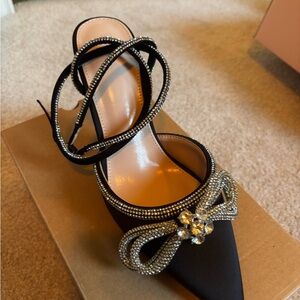 Elegant Black Satin Heels with Rhinestone Bow